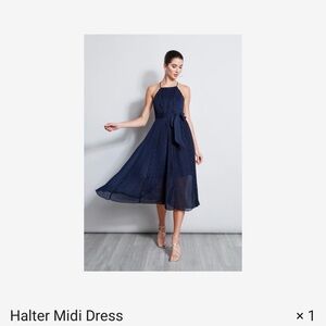 Elie Tahari Navy Halter Sleeveless Pleated Maxi Dress with Waist Tie